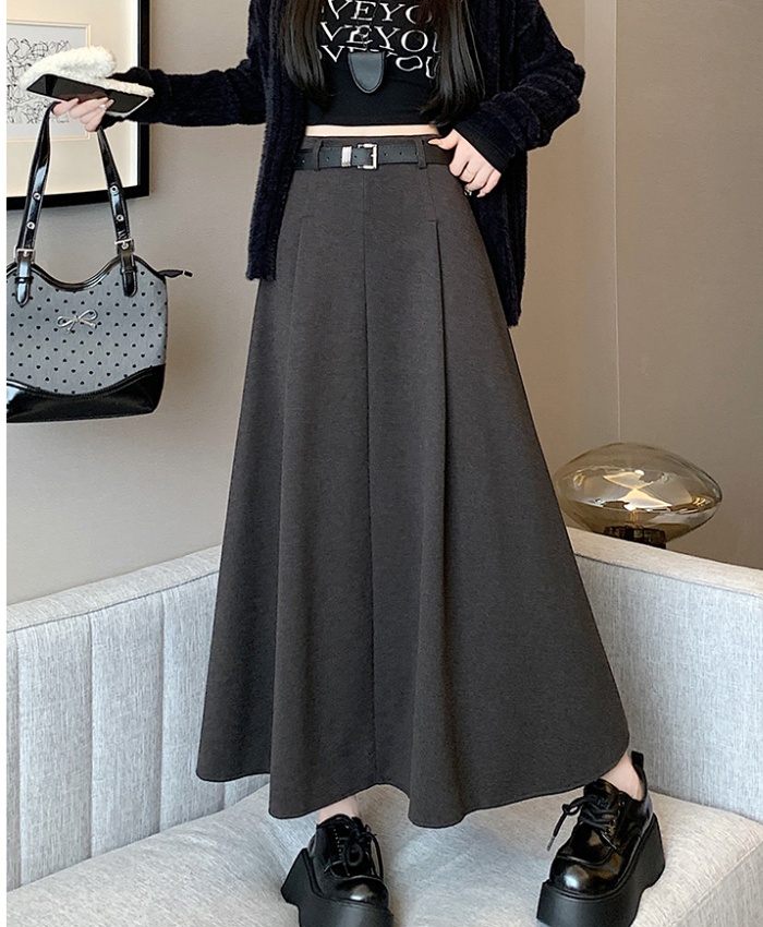 Pleated long slim with belt big skirt woolen skirt