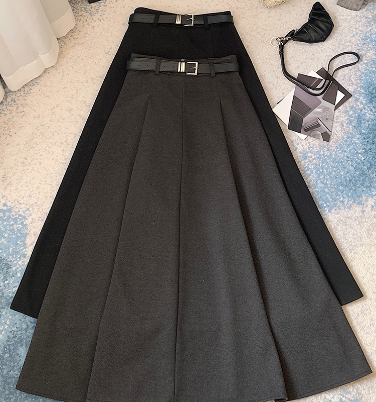 Pleated long slim with belt big skirt woolen skirt