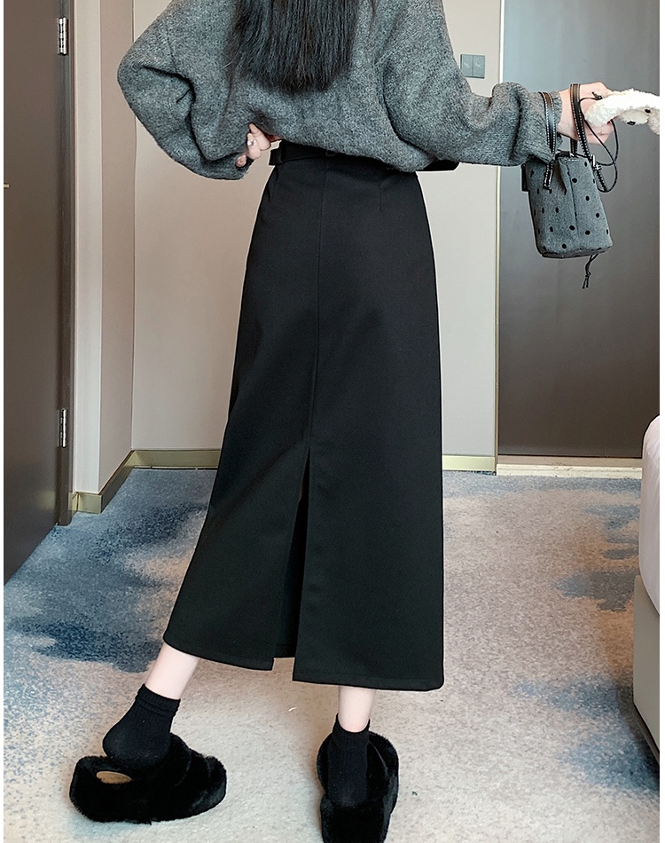 Woolen autumn and winter split long double pocket skirt