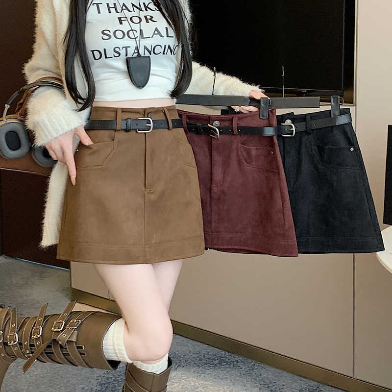 With belt skirt leather cashmere short skirt