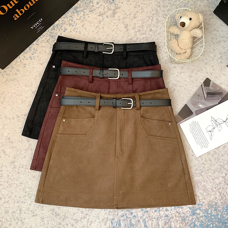 With belt skirt leather cashmere short skirt