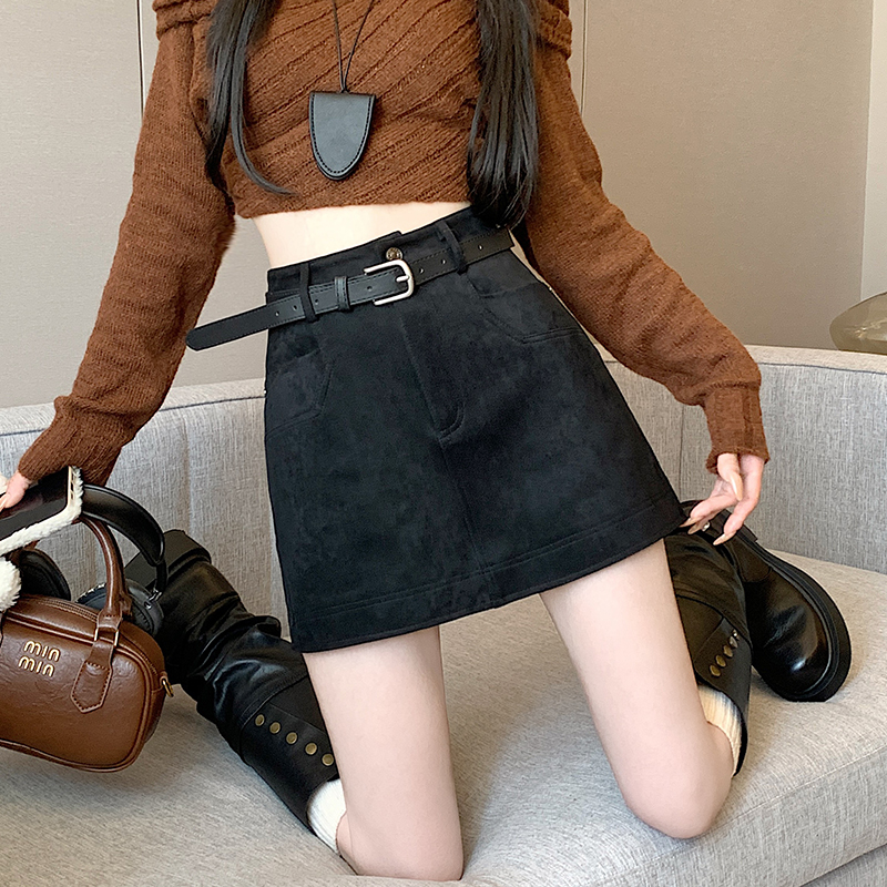 With belt skirt leather cashmere short skirt