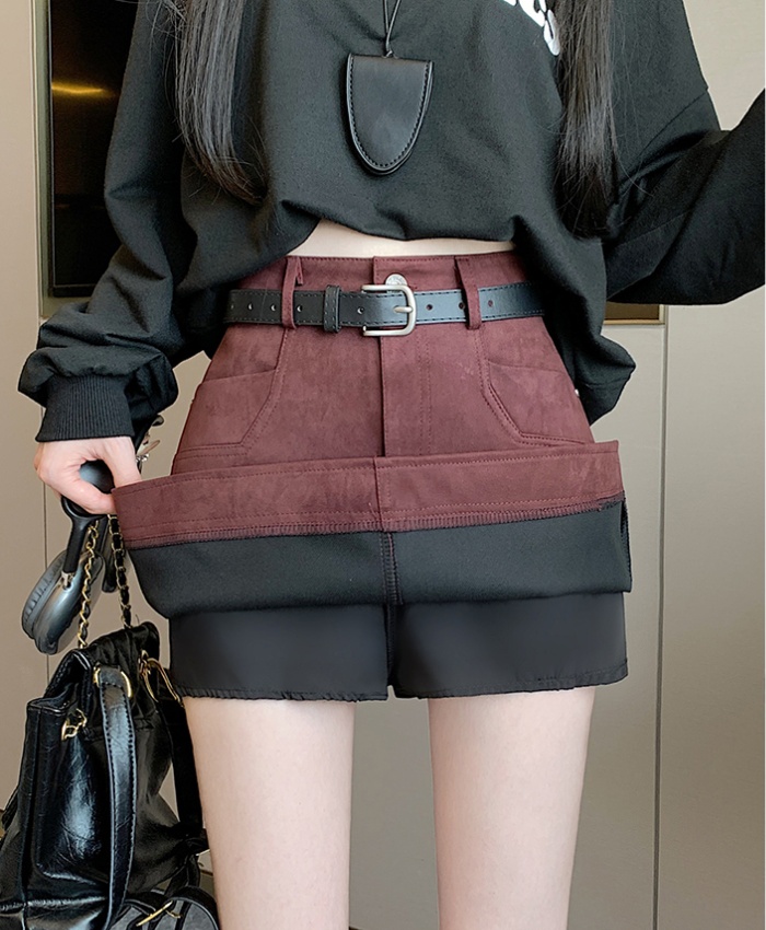 With belt skirt leather cashmere short skirt