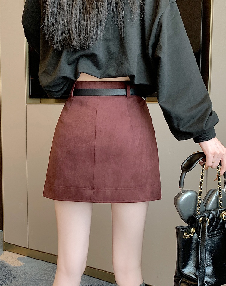 With belt skirt leather cashmere short skirt