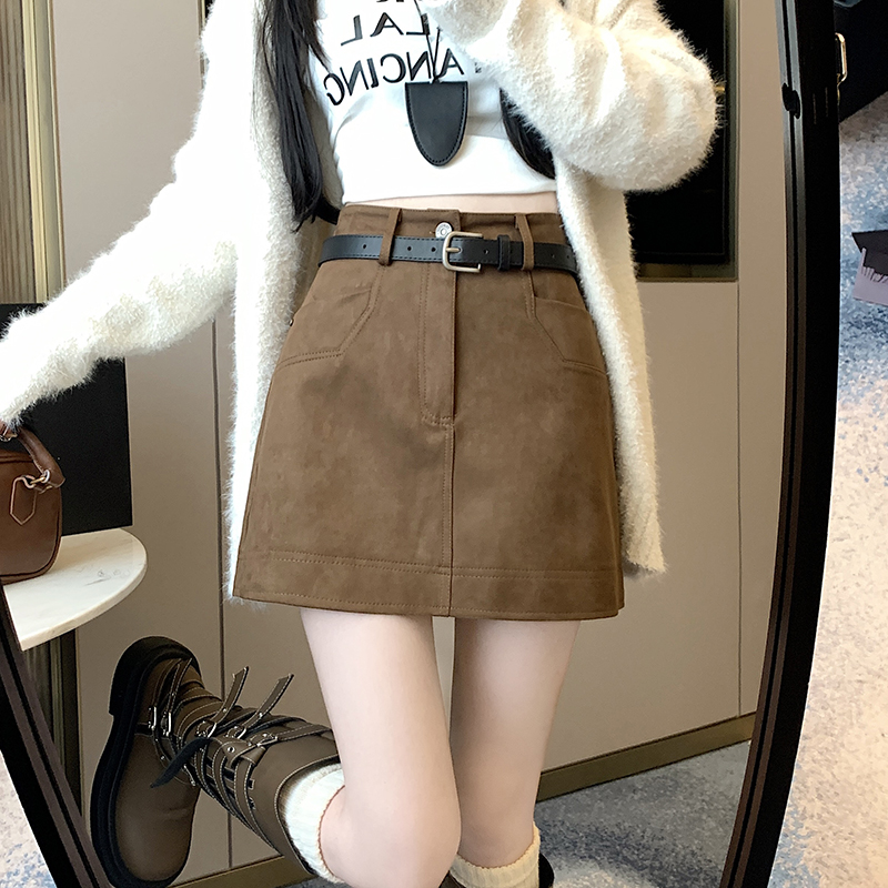 With belt skirt leather cashmere short skirt