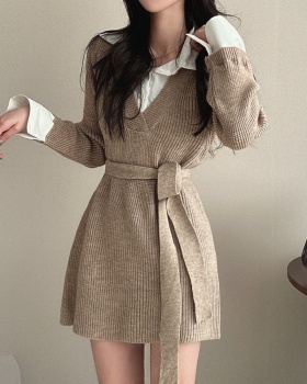 Retro autumn and winter mixed colors temperament dress