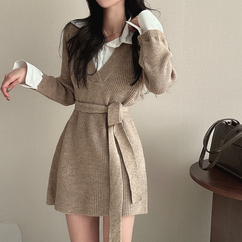 Retro autumn and winter mixed colors temperament dress