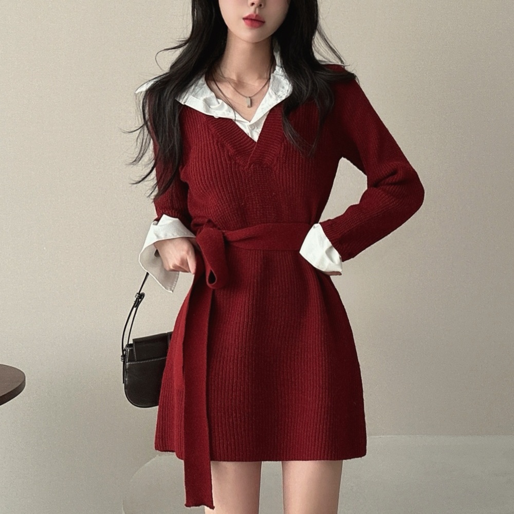 Retro autumn and winter mixed colors temperament dress