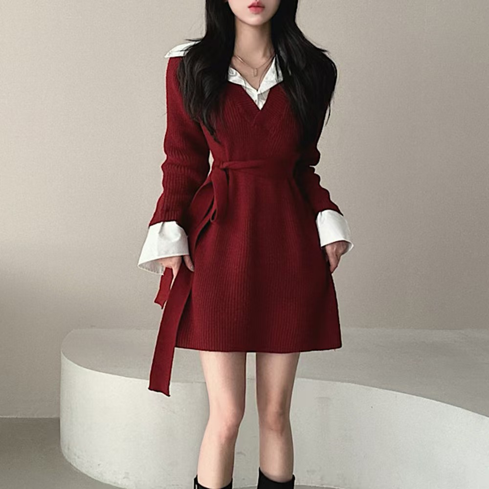 Retro autumn and winter mixed colors temperament dress