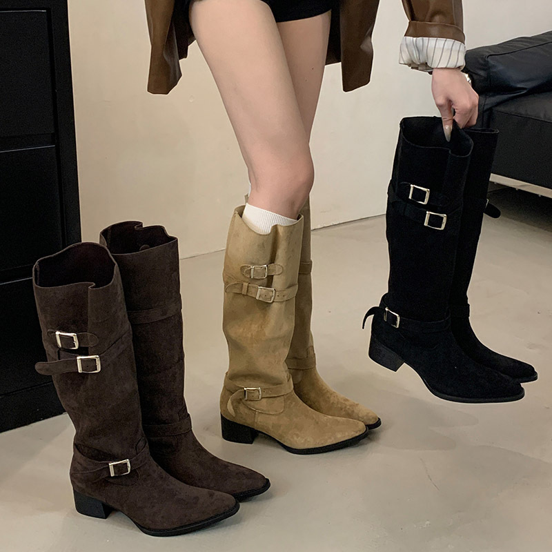 Fashion long tube boots thick pointed thigh boots