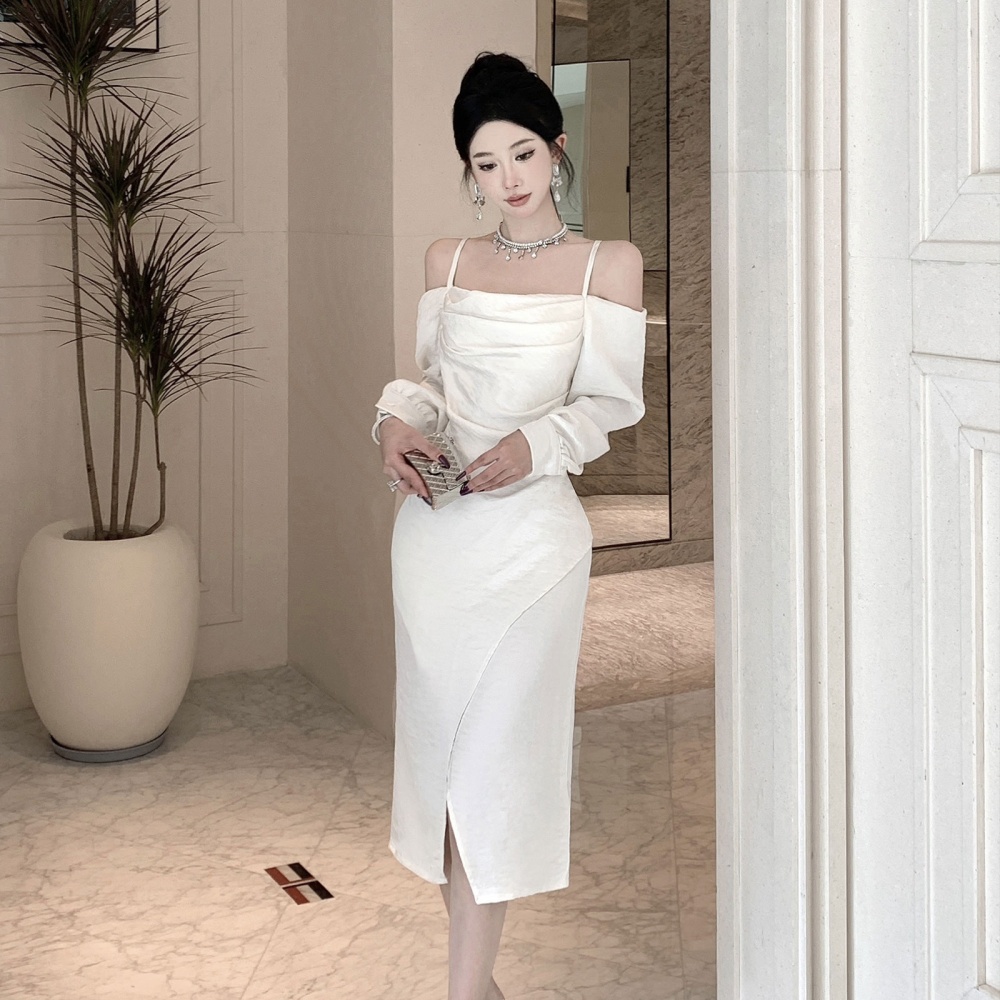 Split apricot autumn long dress strapless annual meeting dress