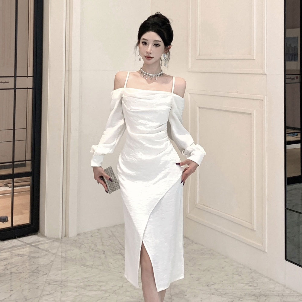 Split apricot autumn long dress strapless annual meeting dress