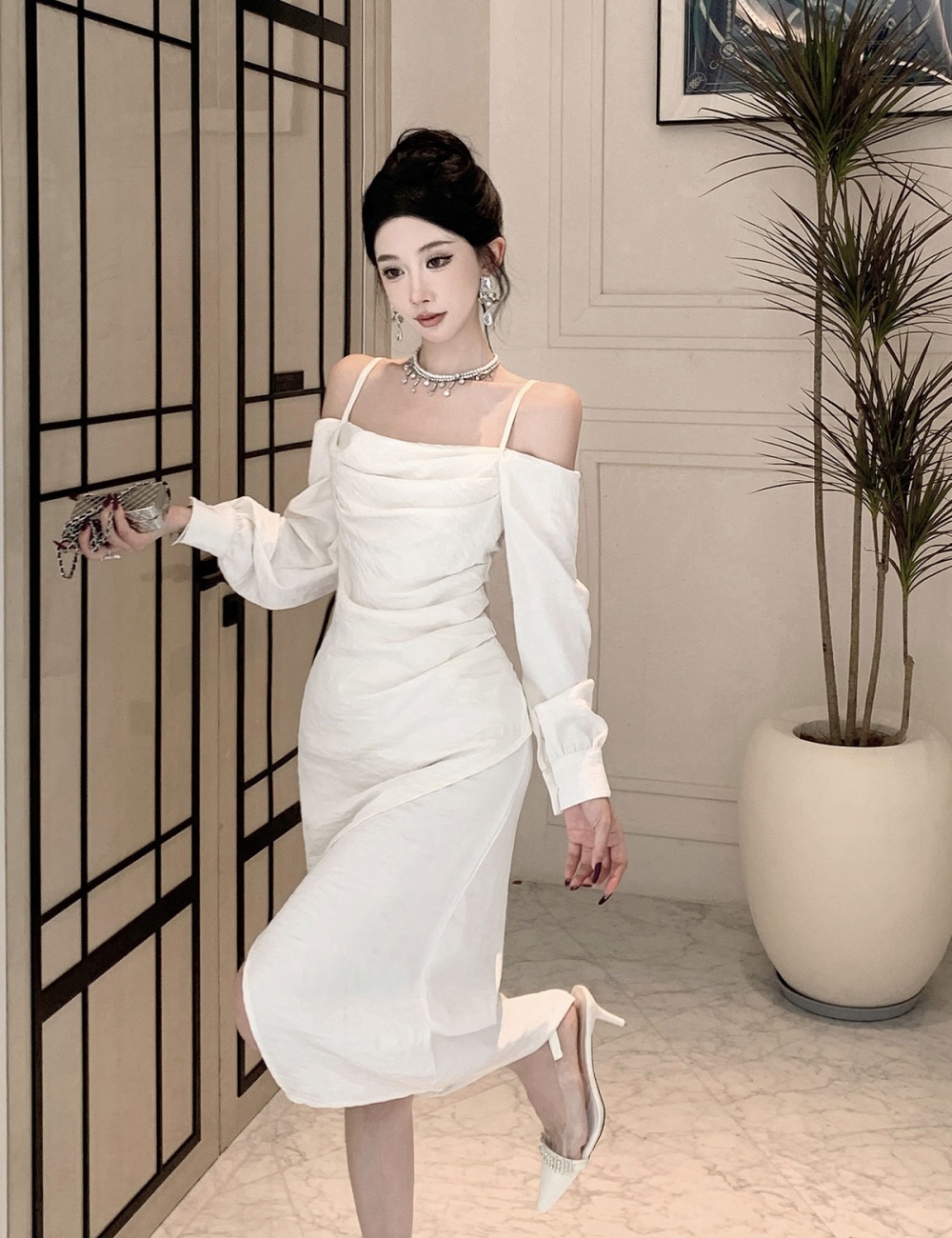 Split apricot autumn long dress strapless annual meeting dress