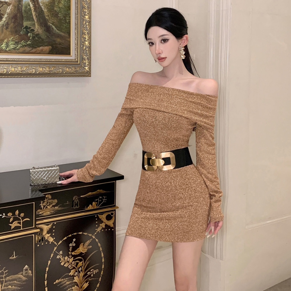 Liangsi flat shoulder dress long sleeve T-back for women