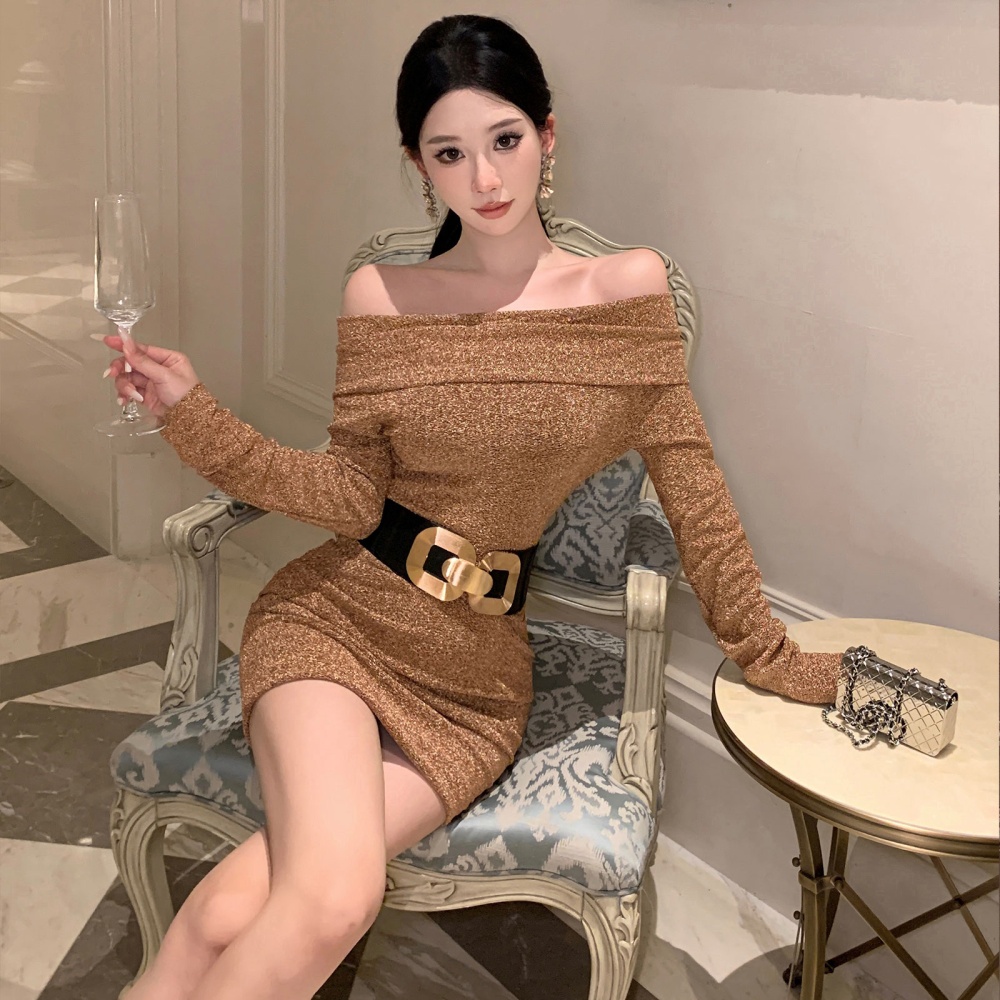 Liangsi flat shoulder dress long sleeve T-back for women