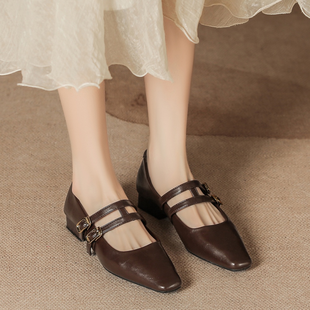 Soft soles soft surface leather shoes retro square head shoes