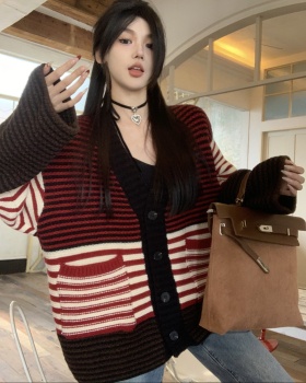 Lazy V-neck sweater stripe mixed colors cardigan