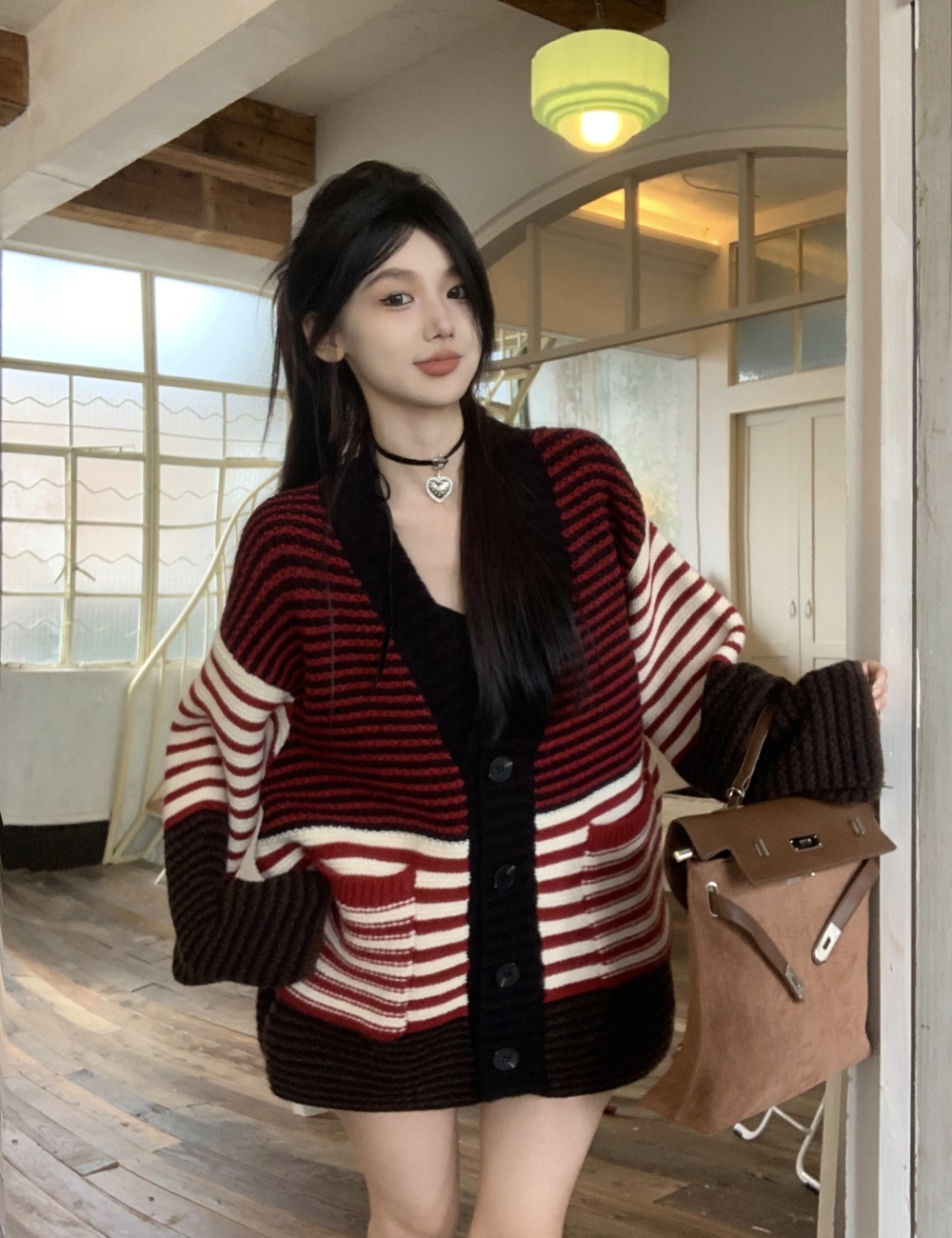 Lazy V-neck sweater stripe mixed colors cardigan