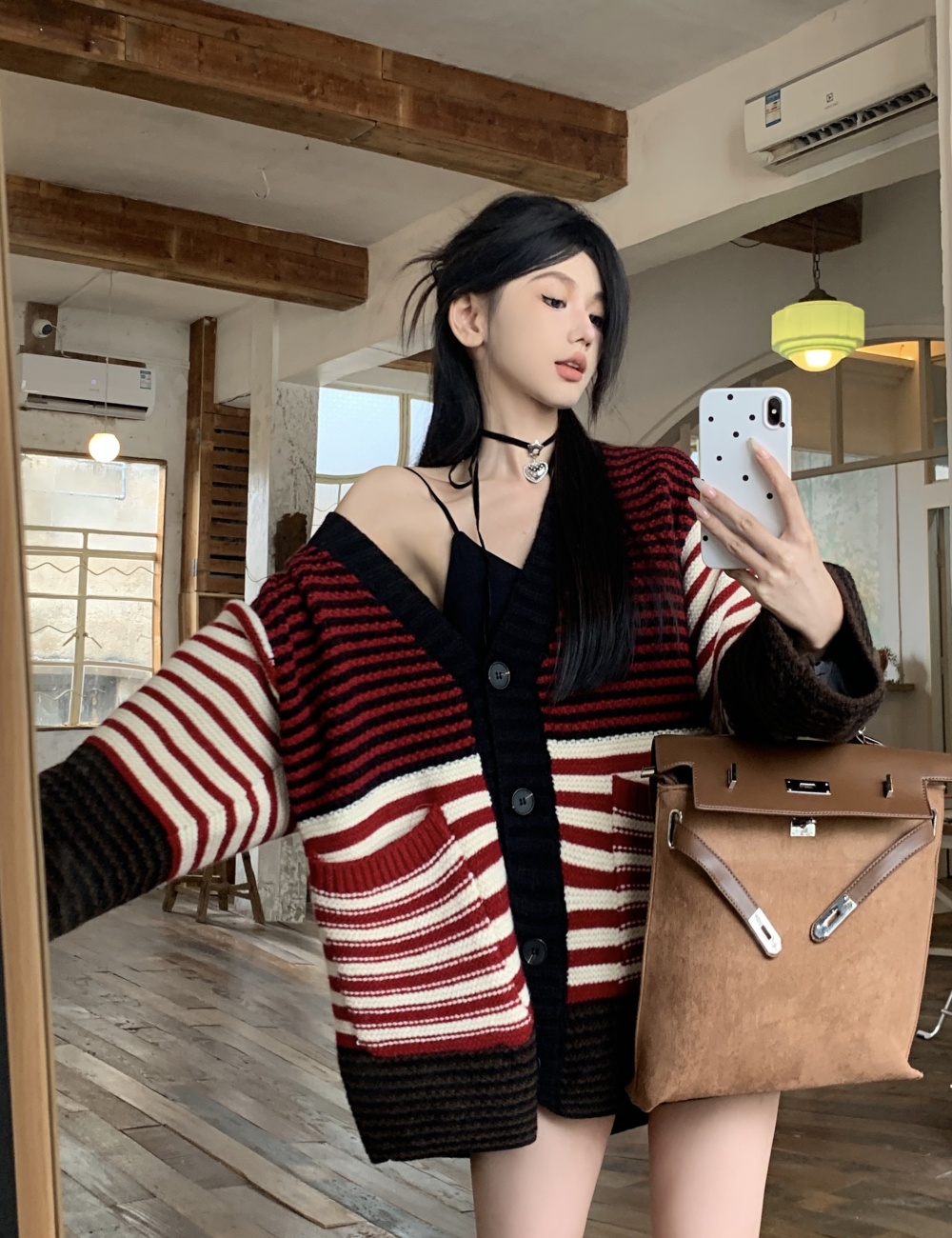 Lazy V-neck sweater stripe mixed colors cardigan