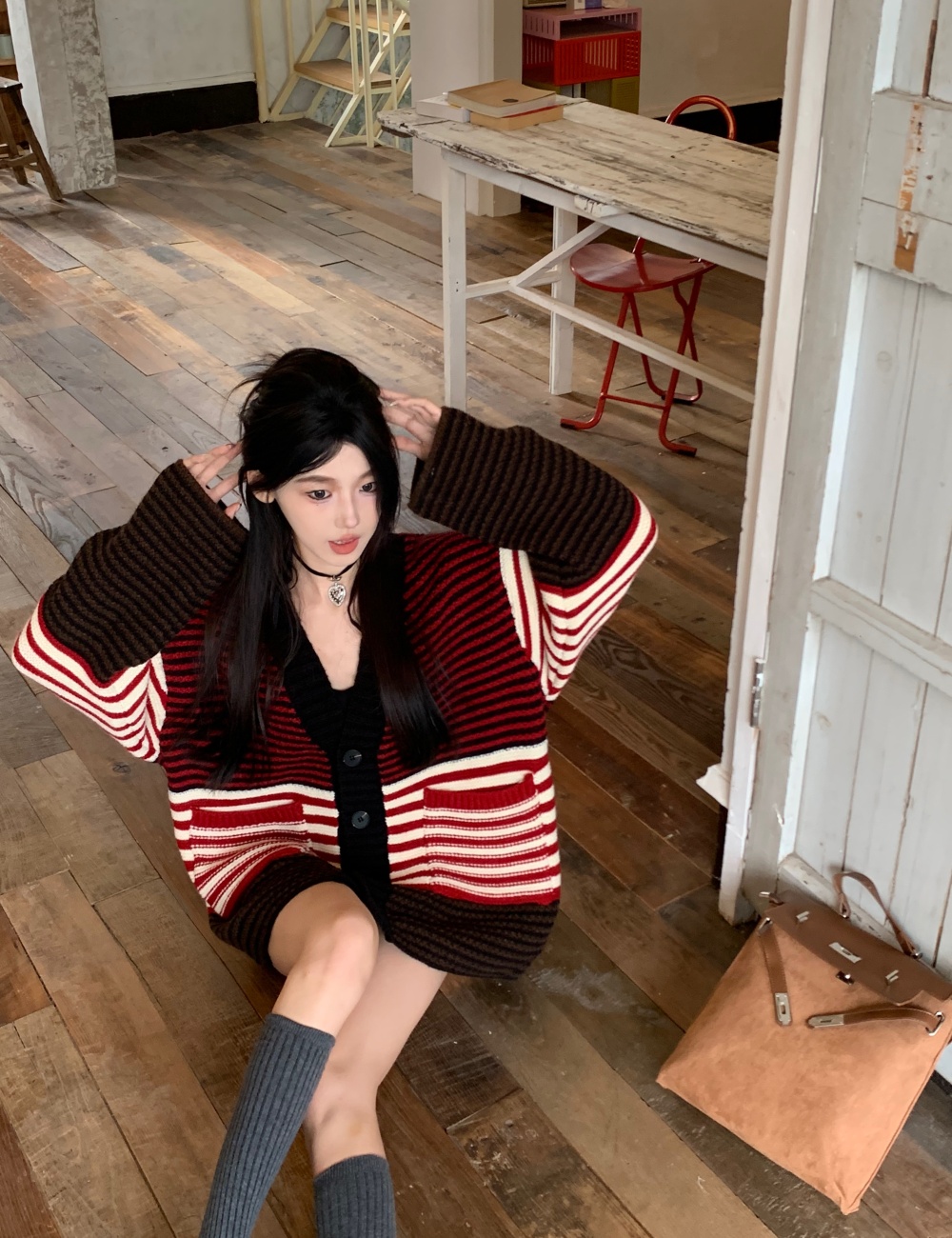 Lazy V-neck sweater stripe mixed colors cardigan