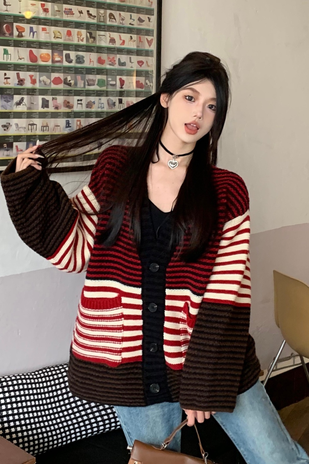 Lazy V-neck sweater stripe mixed colors cardigan