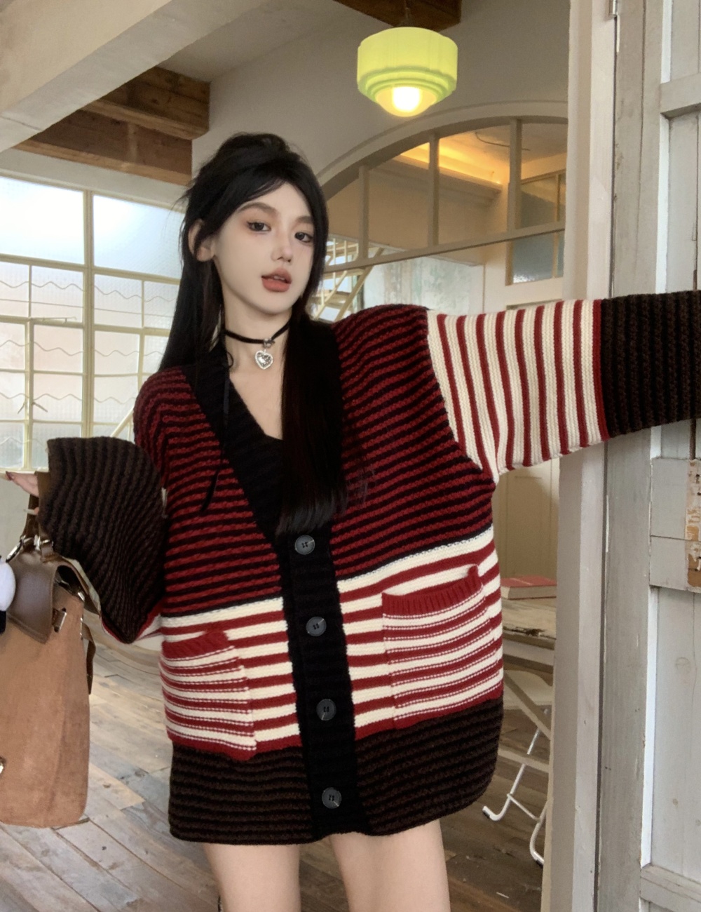 Lazy V-neck sweater stripe mixed colors cardigan