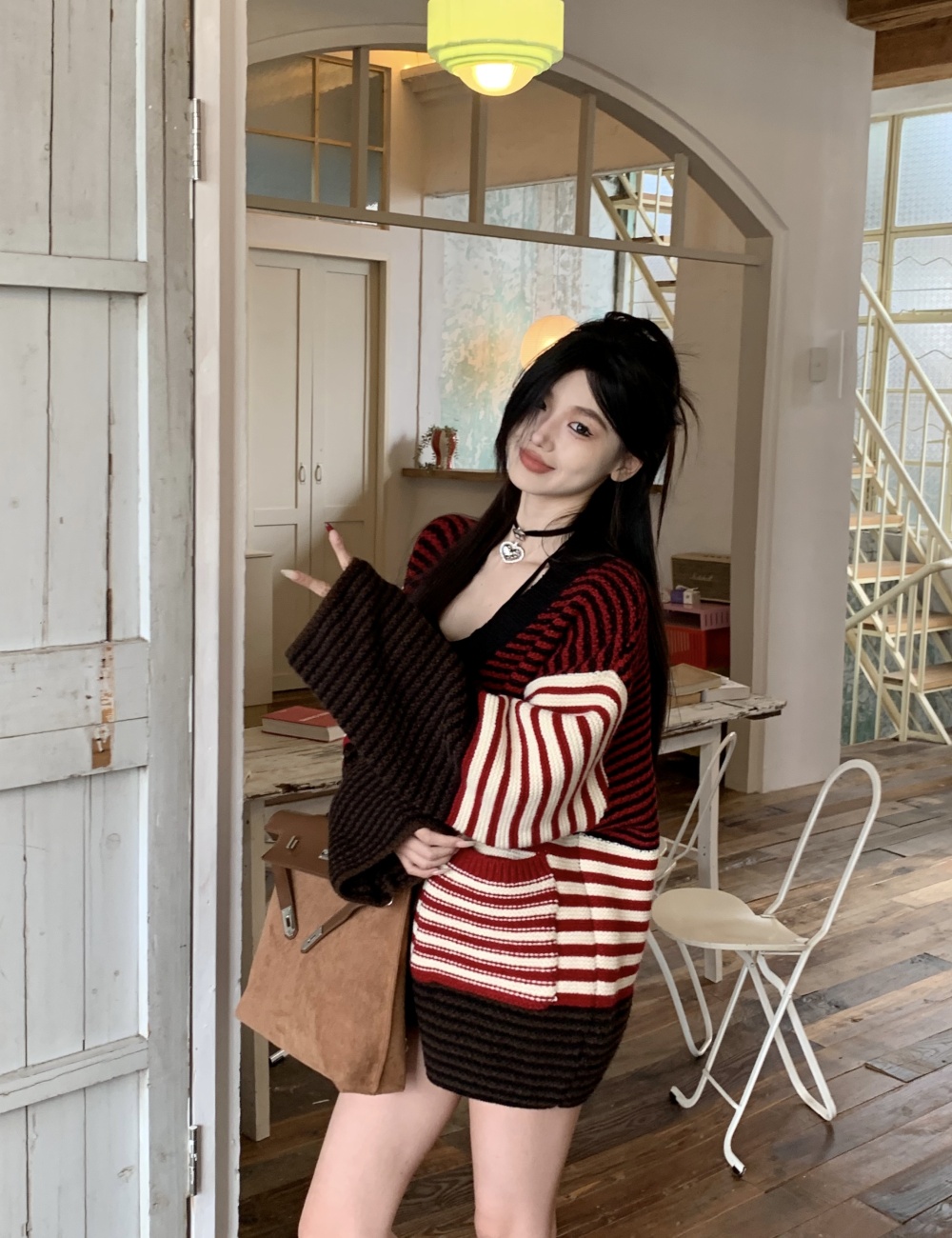 Lazy V-neck sweater stripe mixed colors cardigan