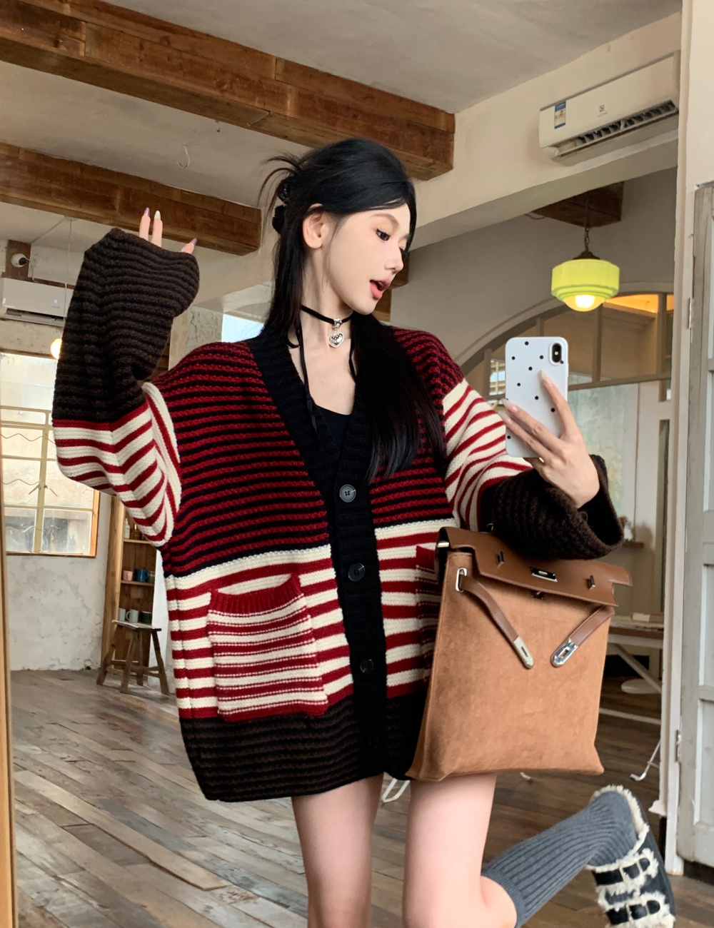 Lazy V-neck sweater stripe mixed colors cardigan