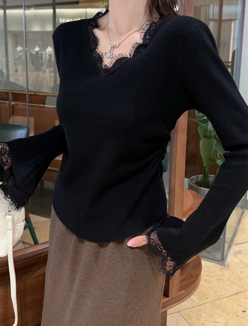 Long sleeve splice tops autumn and winter black sweater