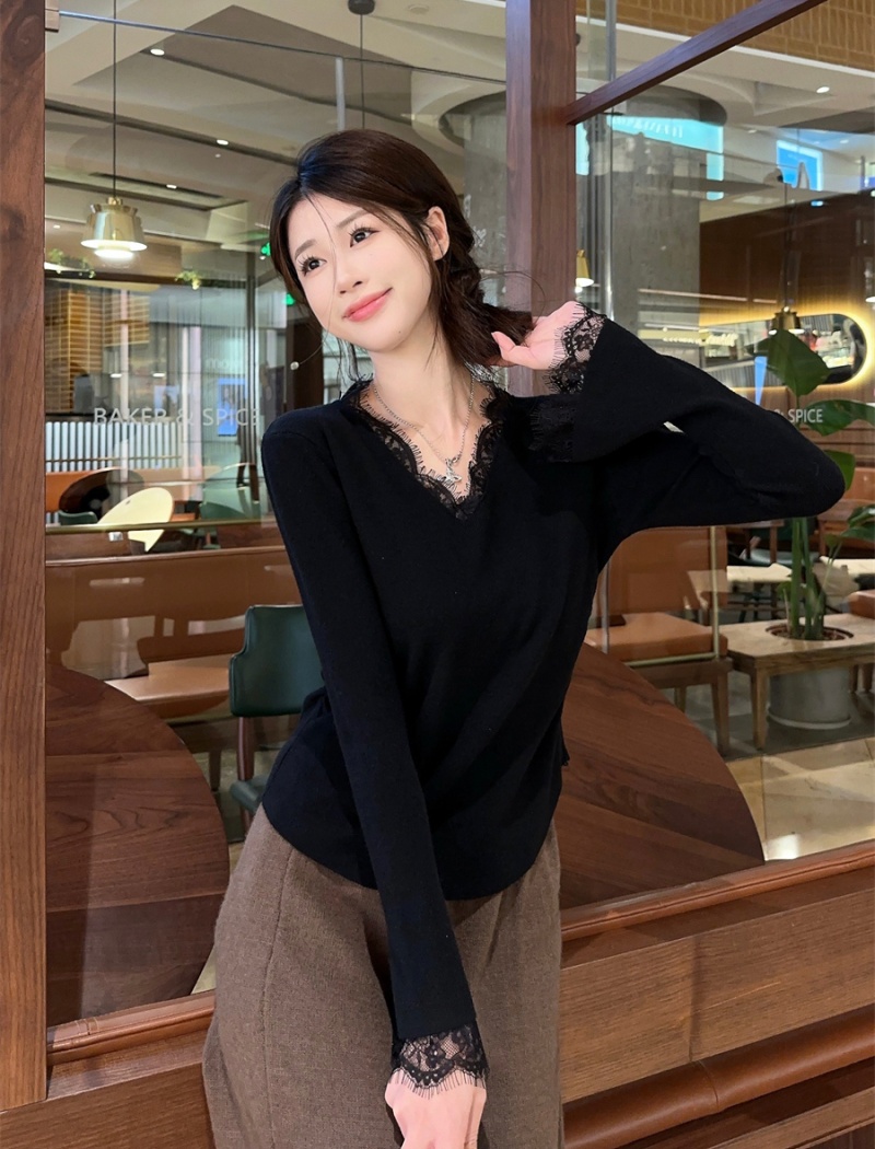 Long sleeve splice tops autumn and winter black sweater