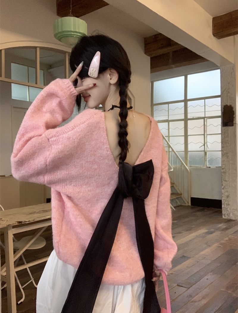 Lazy Casual Korean style tops long sleeve bow sweater