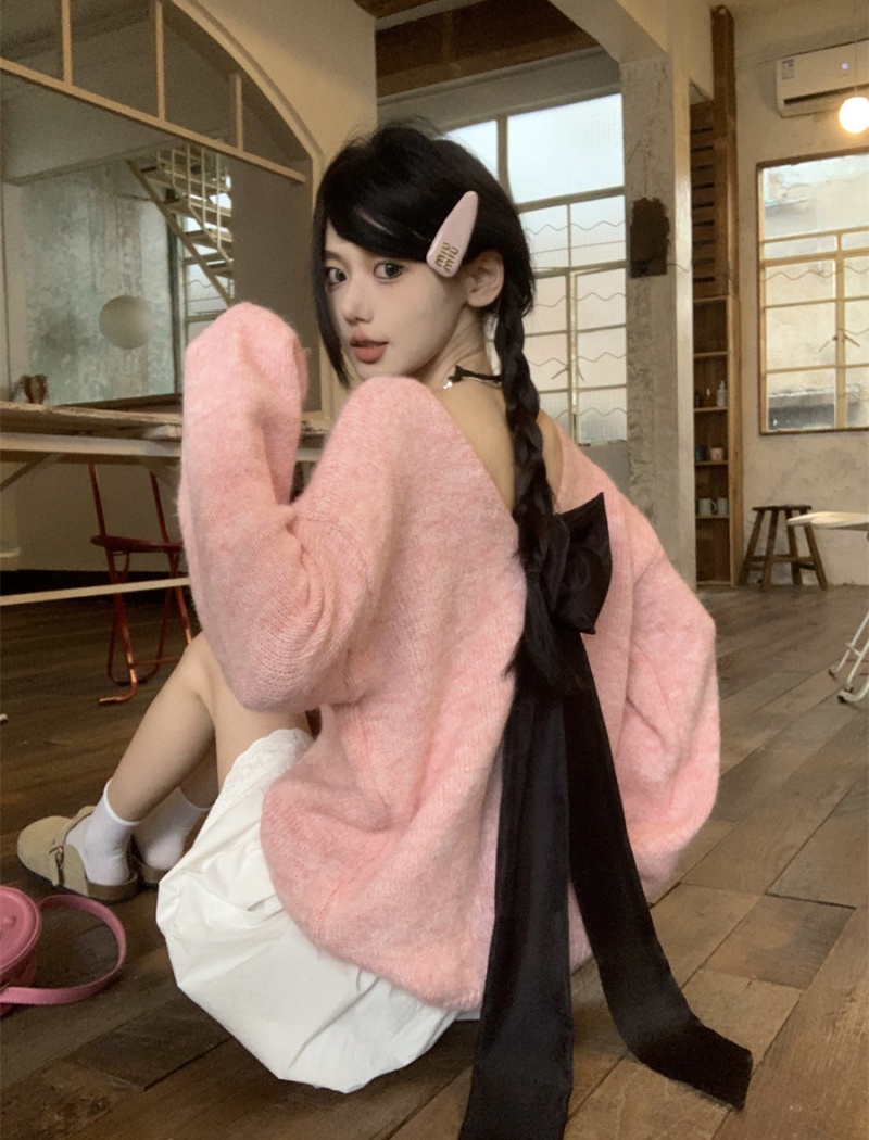 Lazy Casual Korean style tops long sleeve bow sweater