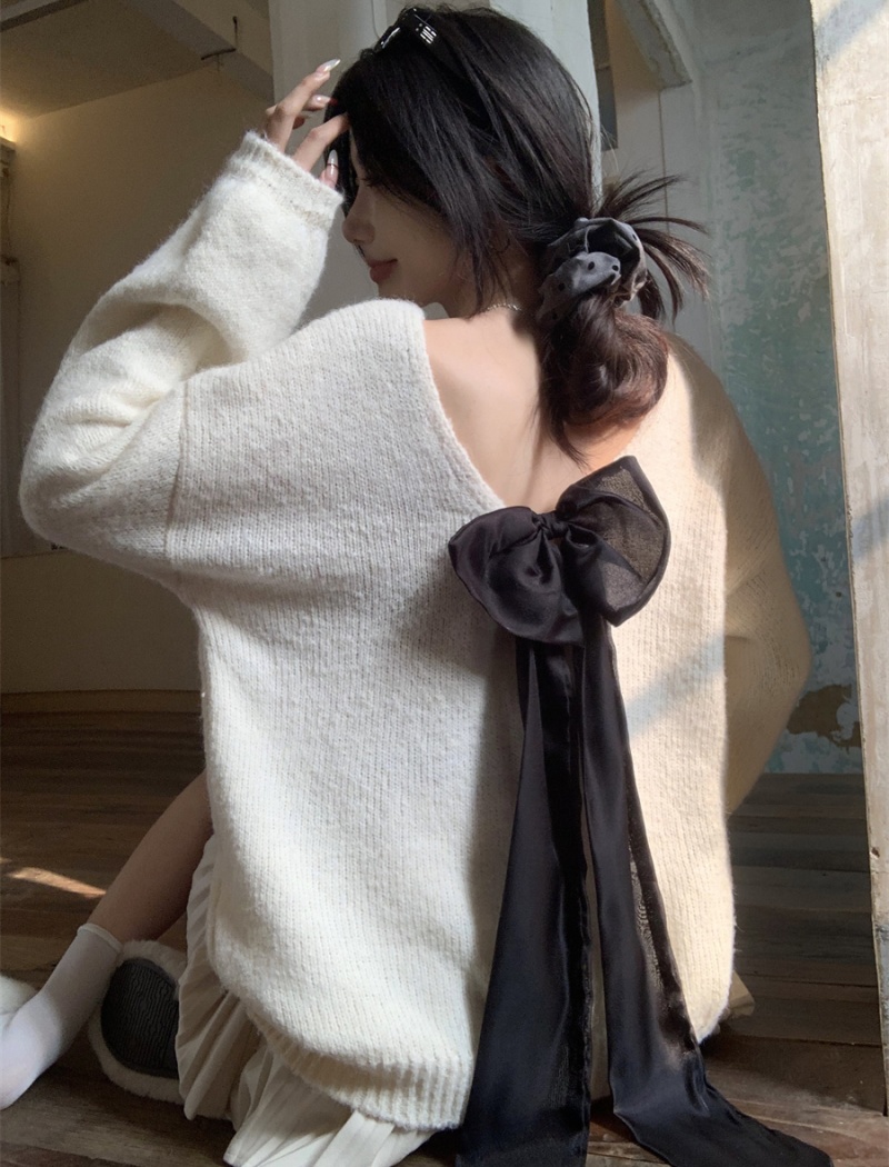 Lazy Casual Korean style tops long sleeve bow sweater