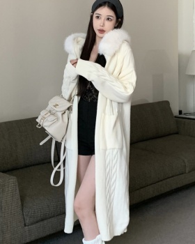 Long fur collar wool cardigan white removable sweater