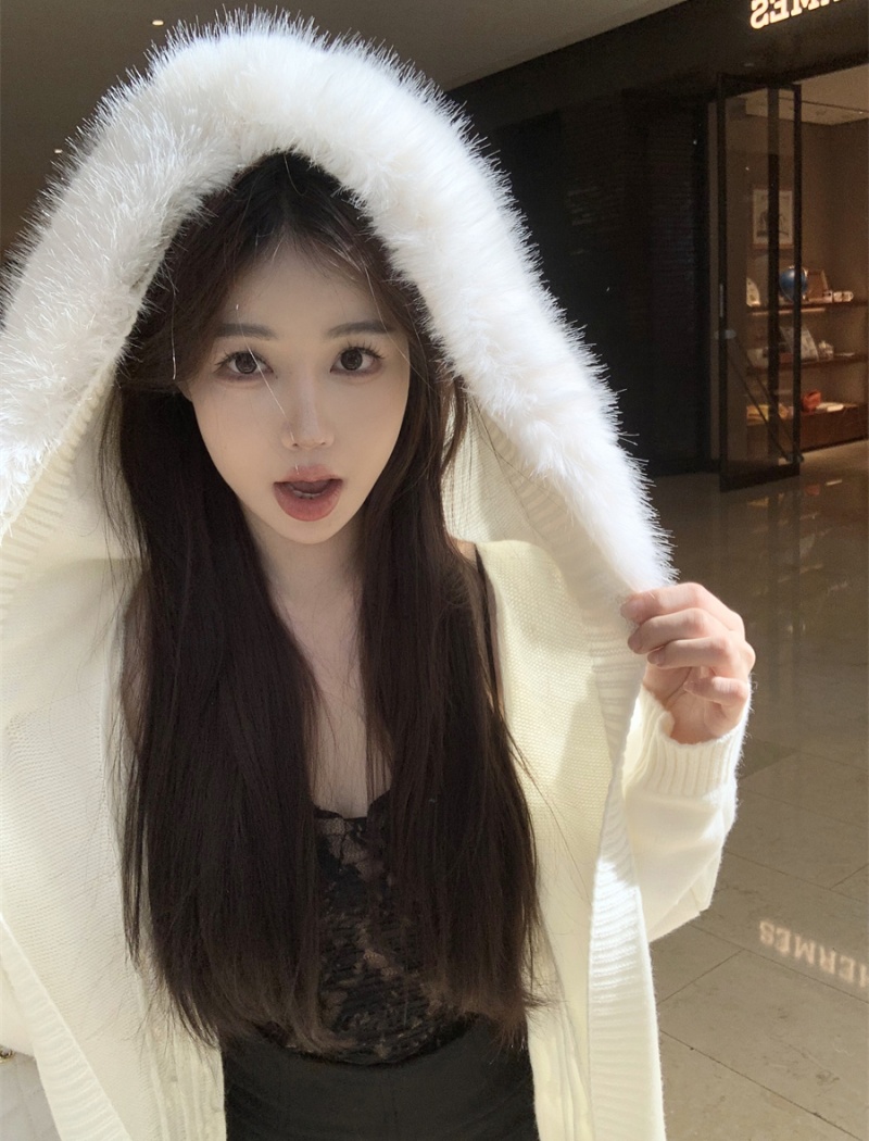 Long fur collar wool cardigan white removable sweater