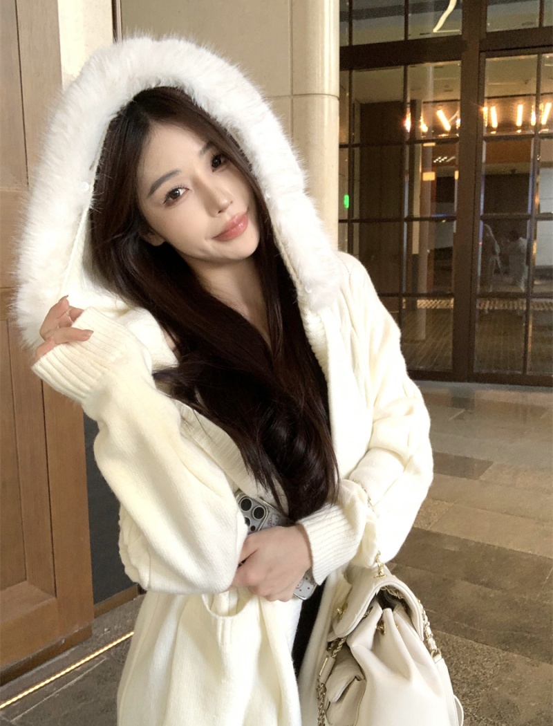 Long fur collar wool cardigan white removable sweater