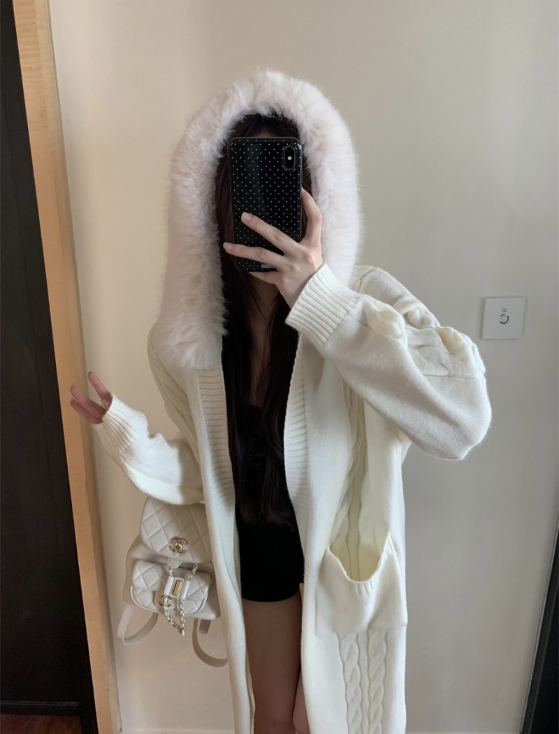 Long fur collar wool cardigan white removable sweater