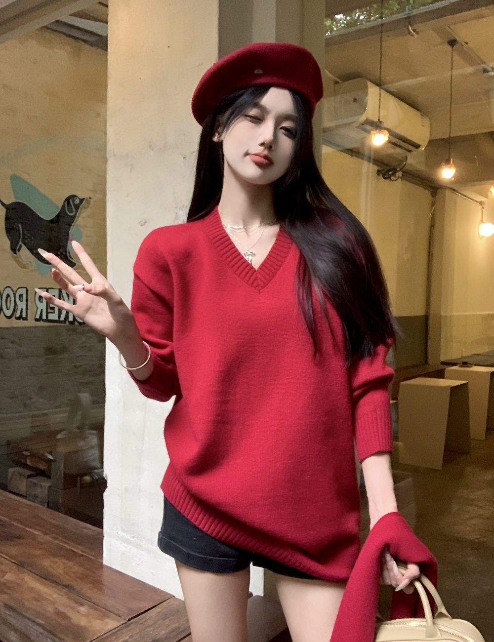 Slim with scarf autumn and winter tops red loose sweater