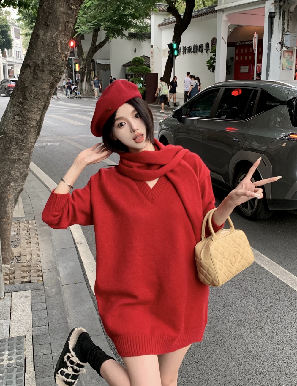 Slim with scarf autumn and winter tops red loose sweater