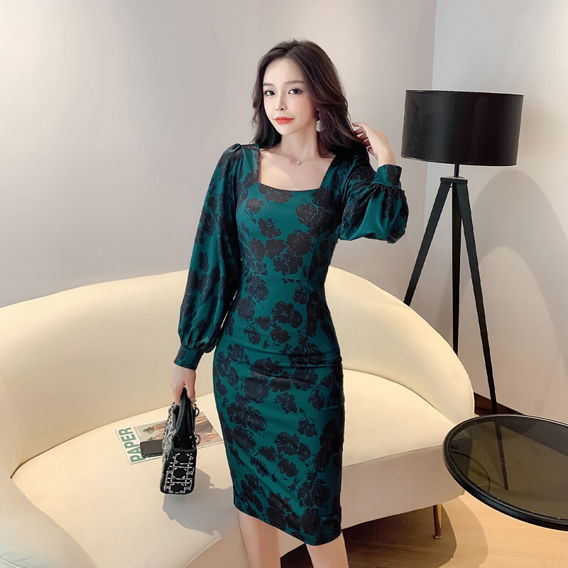 Package hip Korean style puff sleeve ladies elegant slim dress