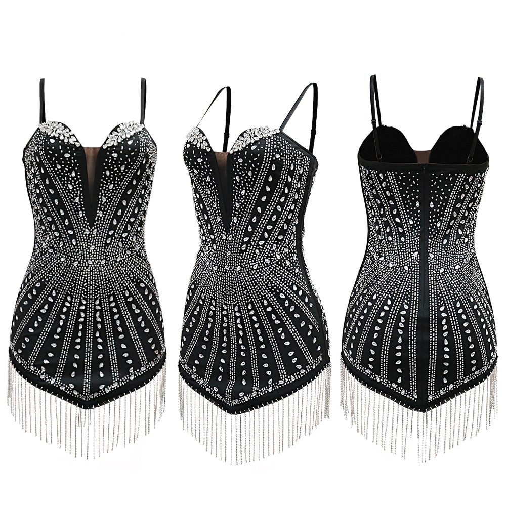 Rhinestone European style irregular sexy chain sling dress