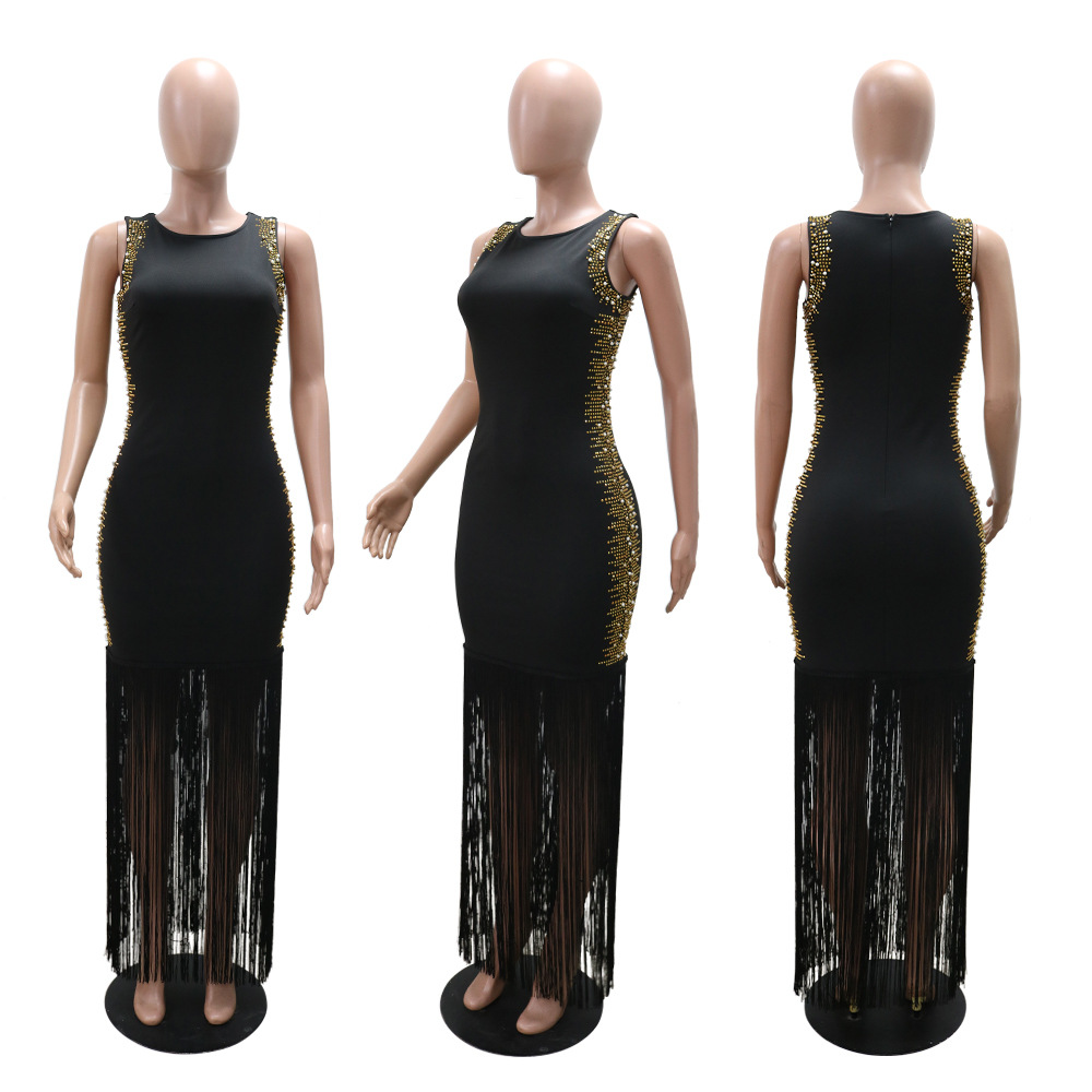 Sexy round neck dress rhinestone sleeveless long dress for women