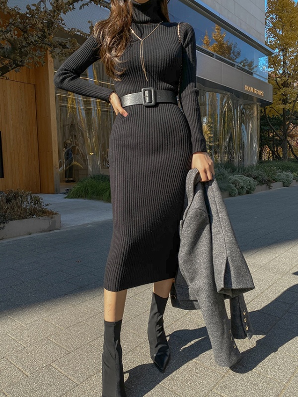 Bottoming frenum long dress long sleeve high collar dress