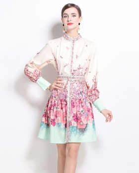 Cstand collar printing single-breasted fashion dress