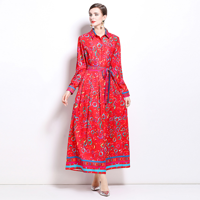 Printing pinched waist European style fashion slim dress