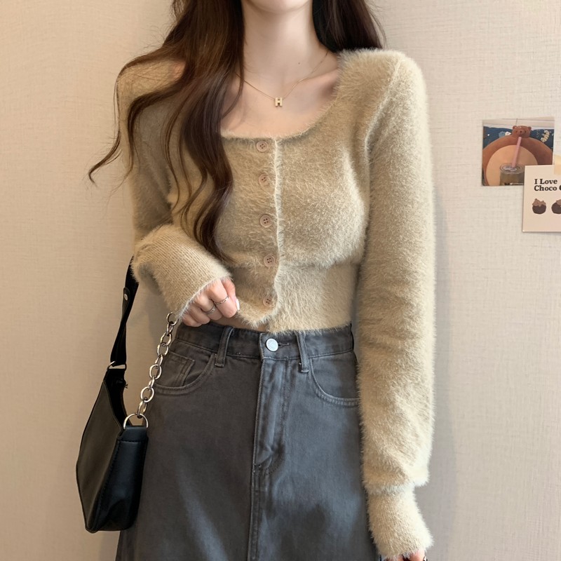 Short knitted coat square collar cardigan for women