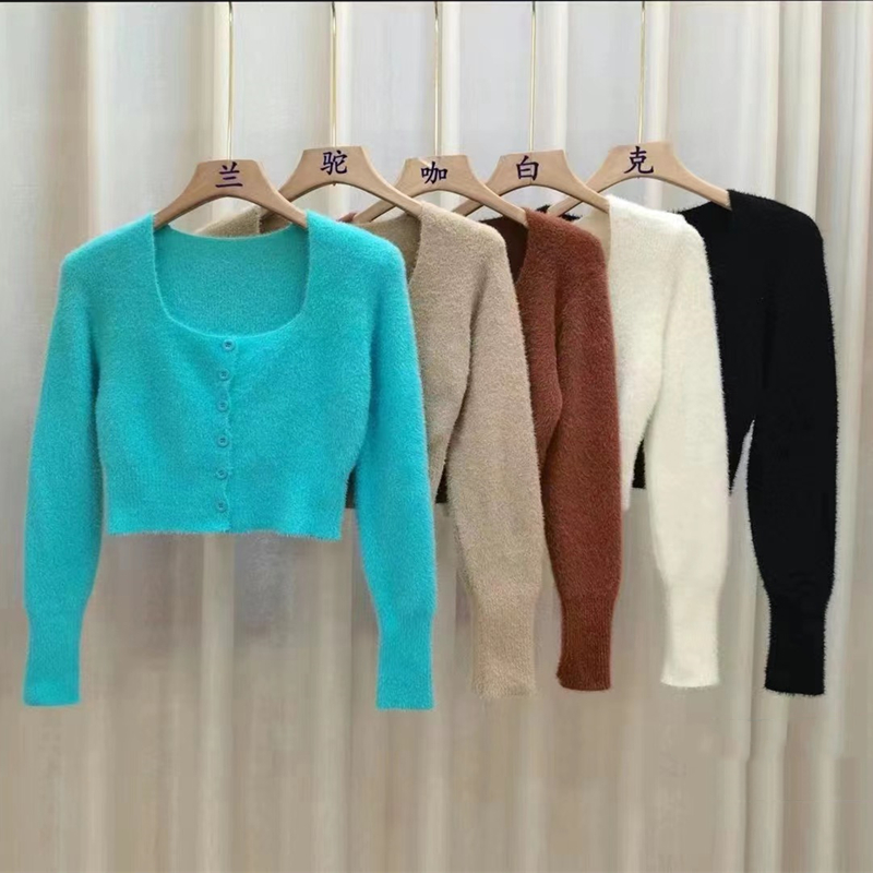 Short knitted coat square collar cardigan for women