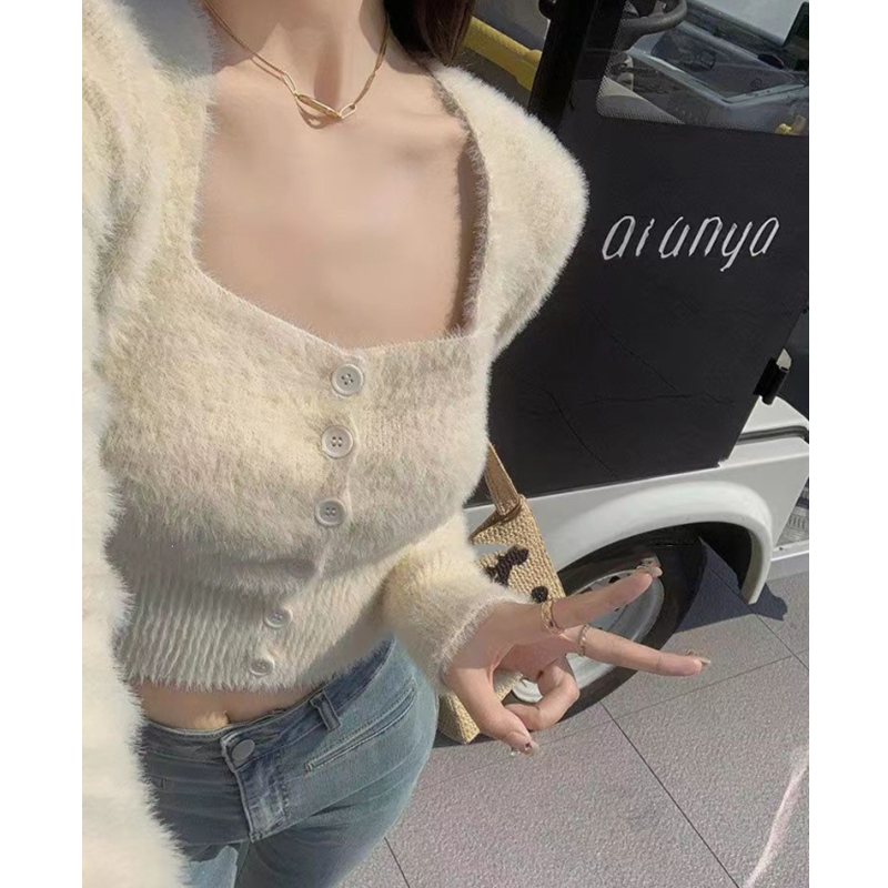 Short knitted coat square collar cardigan for women