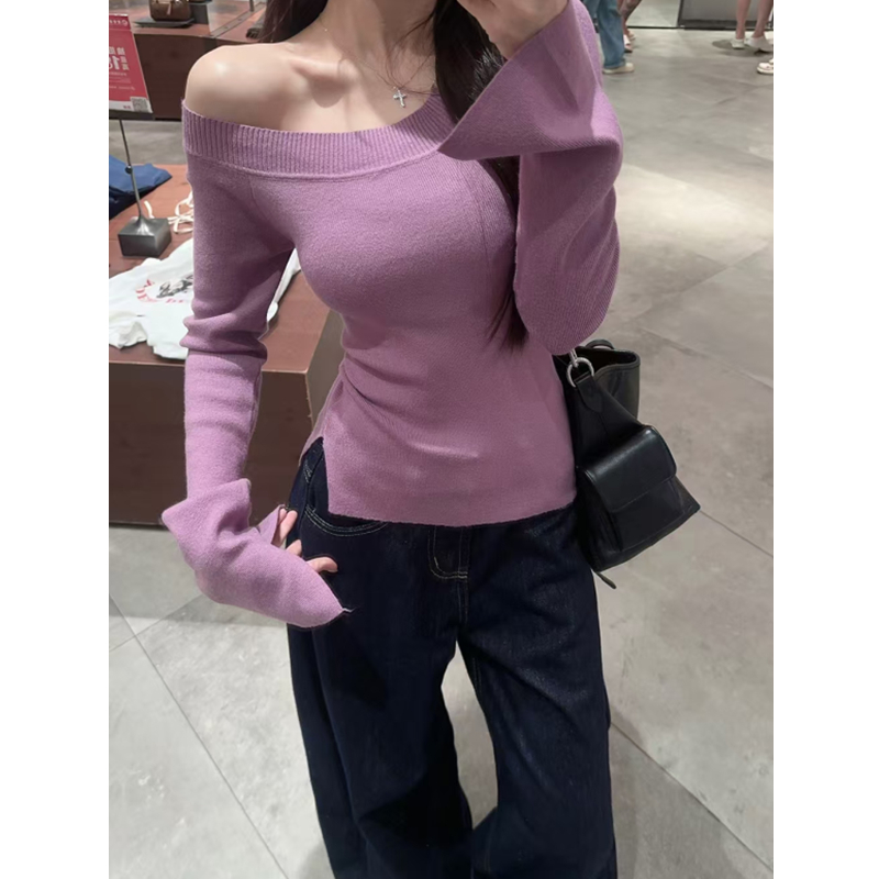 Strapless short tops sloping shoulder autumn sweater for women