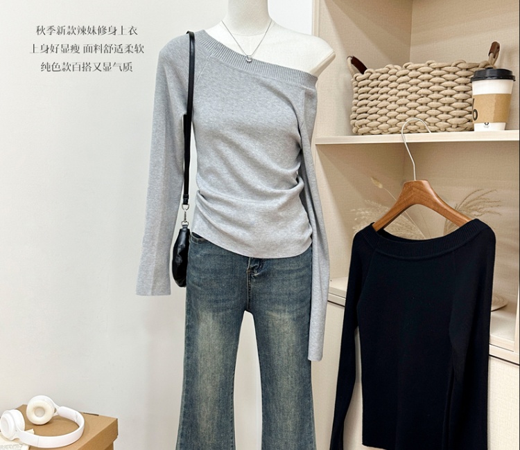 Strapless short tops sloping shoulder autumn sweater for women